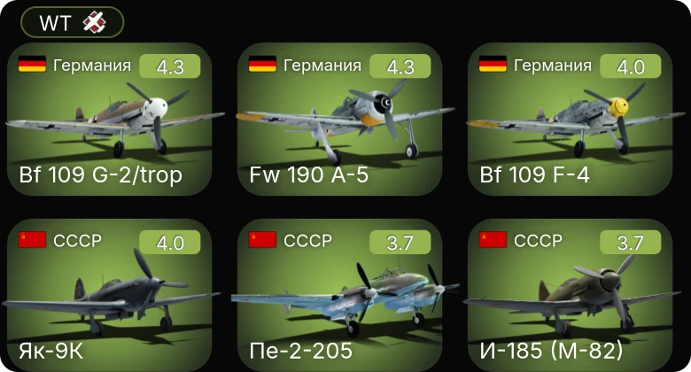 WT — Bf 109 G-2/trop | Fw 190 A-5 | Bf 109 F-4 | Hs 129 B-2 (Румыния) | Як-9К