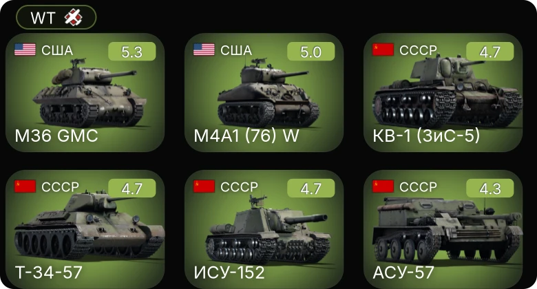 WT — M4A1 (76) W | M24 | M36 GMC | СУ-152 | КВ-1 (ЗиС-5)