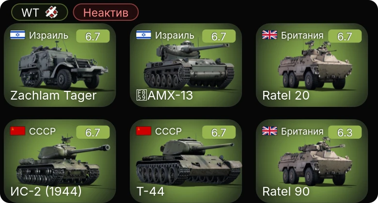 WT — Неактив | ИС-2 (1944) | Т-44 | Centurion Mk.1 | Ratel 90 | Ratel 20