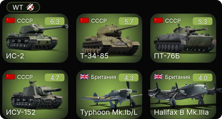 WT — ИС-2 | Т-34-85 | ИСУ-152 | ПТ-76Б | Typhoon Mk.Ib/L