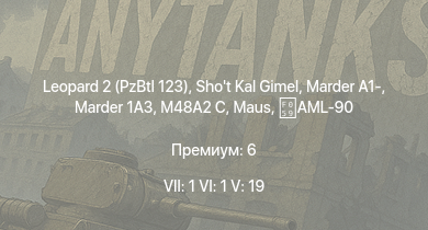 WT — 7 ранг: 1шт 6 ранг: 1шт 5 ранг: 19шт Leopard 2 (PzBtl 123) | Shot Kal Gimel | SA 313B Alouette II | Marder 1A3 | Т-54 (1949) | БМП-1 | Т-54 (1951) | Magach 3 | Tiran 4 | Shot Kal Alef