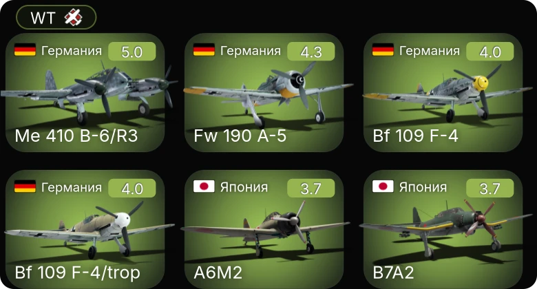 WT — Fw 190 A-5 | Me 410 B-6/R3 | Me 410 A-1 | Bf 109 F-4/trop | Bf 109 F-4