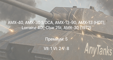 WT — 7 ранг: 1шт 6 ранг: 2шт 5 ранг: 8шт AMX-40 | AMX-30 S DCA | AMX-13 (HOT) | Char 25t | AMX-30 (1972) | Lorraine 40t | AMX-50 (TOA100) | AMX-13-90 | AMX-50 Surbaissé | ИС-3