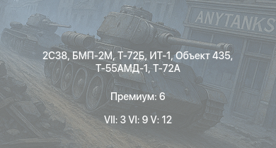 WT — 7 ранг: 3шт 6 ранг: 9шт 5 ранг: 12шт БМП-2М | 2С38 | Т-72Б | ЗСУ-23-4М4 | Т-72А | Т-64А (1971) | ИТ-1 | Объект 435 | Т-55АМД-1 | Т-55А