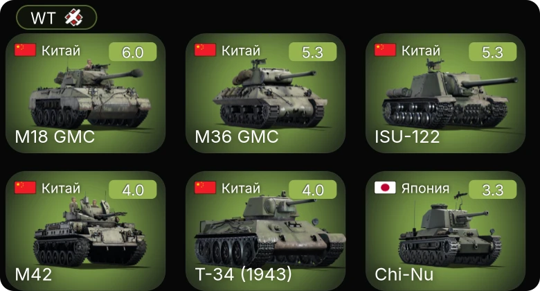 WT — ␗M18 GMC | Chi-Nu | ␗Т-34 (1943) | ␗M36 GMC | ␗ISU-122