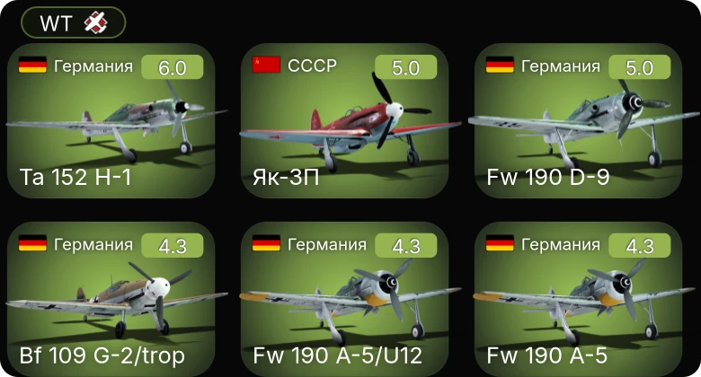 WT — Fw 190 A-5/U12 | Bf 109 G-2/trop | Fw 190 A-5 | Ta 152 H-1 | Як-3П