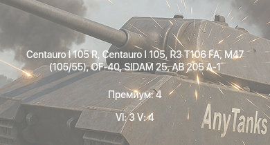 WT — 6 ранг: 3шт 5 ранг: 4шт Centauro I 105 R | Centauro I 105 | SIDAM 25 | R3 T106 FA | OF-40 | AB 205 A-1 | M47 (105/55) | FIAT 6614 | AUBL/74 | M26A1