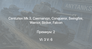 WT — 6 ранг: 3шт 5 ранг: 6шт Falcon | Warrior | Chieftain Marksman | Scout AH.Mk.1 | Striker | Vickers Mk.1 | Swingfire | Caernarvon | Centurion Mk.3 | Conqueror
