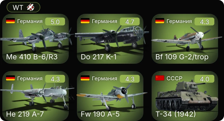 WT — Do 217 K-1 | Me 410 B-6/R3 | Bf 109 G-2/trop | He 219 A-7 | Fw 190 A-5