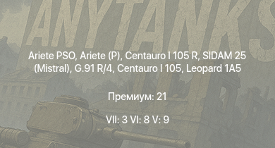 WT — 7 ранг: 3шт 6 ранг: 8шт 5 ранг: 9шт Ariete PSO | Ariete (P) | Centauro I 105 R | SIDAM 25 (Mistral) | OF-40 (MTCA) | Centauro I 105 | Leopard 1A5 | VCC-80/60 | OF-40 Mk.2A | G.91 R/4