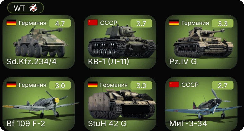 WT — Sd.Kfz.234/4 | Bf 109 F-2 | Як-7Б | МиГ-3-34 | M2A4