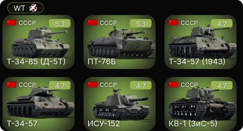 WT — Т-34-57 (1943) | КВ-1 (ЗиС-5) | Т-34-85 (Д-5Т) | Т-34-57 | ПТ-76Б