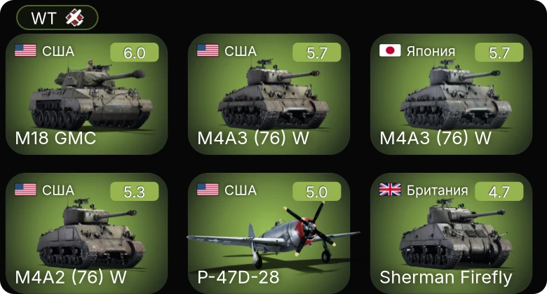 WT — M4A3 (76) W | P-47D-25 | P-47D-28 | M18 GMC | M4A2 (76) W