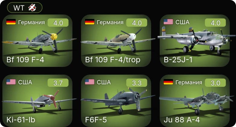 WT — Bf 109 F-4 | Bf 109 F-4/trop | P-39N-0 | F6F-5 | Ki-61-Ib