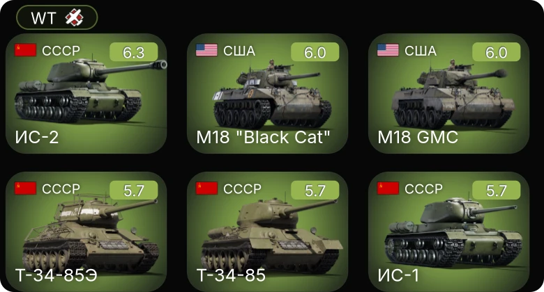WT — ИС-2 | M18 GMC | M18 "Black Cat" | M24 | Т-34-85 (Д-5Т)