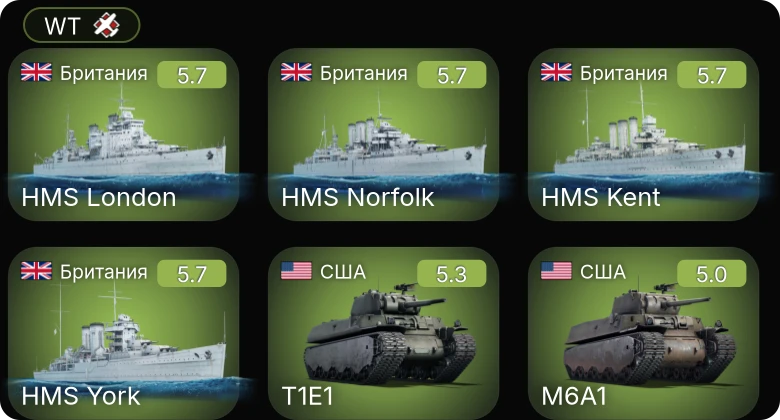 WT — HMS Norfolk | HMS Kent | HMS London | HMS York | M6A1