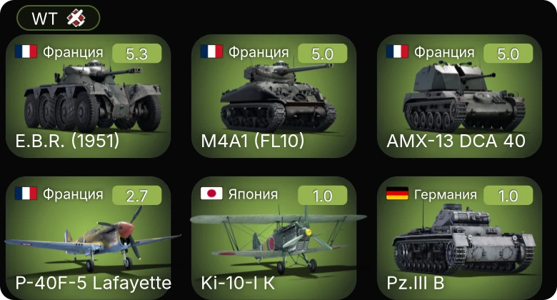 WT — E.B.R. (1951) | M4A1 (FL10) | AMX-13 DCA 40 | P-40F-5 Lafayette | P-26A-33