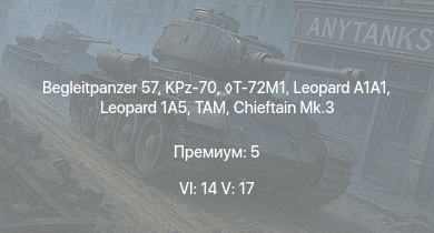 WT — 6 ранг: 14шт 5 ранг: 17шт KPz-70 | Begleitpanzer 57 | T-72M1 | Leopard 1A5 | TAM |  | Chieftain Mk.3 | Rooikat Mk.1D | Vickers Mk.11 | Falcon