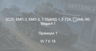 WT — 6 ранг: 7шт 5 ранг: 14шт 2C25 | Т-72А | БМП-3 | БМП-2 | Т-55АМД-1 | Т-55А | БМП-1 | Объект 906 | Ми-4АВ | ЗСУ-23-4В