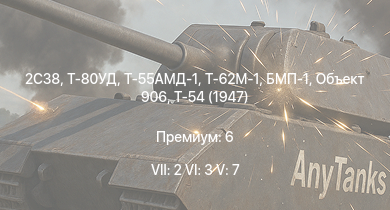 WT — 7 ранг: 2шт 6 ранг: 3шт 5 ранг: 7шт 2С38 | Т-80УД | Т-62М-1 | Т-55АМД-1 | Т-55А | Ми-4АВ | БМП-1 | Объект 906 | Т-54 (1947) | ИС-3
