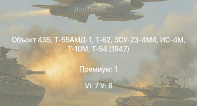 WT — 6 ранг: 7шт 5 ранг: 8шт ЗСУ-23-4М4 | Т-55АМД-1 | Т-62 | Объект 435 | Т-55А | Т-10М | ЗСУ-23-4В | Ми-4АВ | ИС-4М | Т-54 (1947)