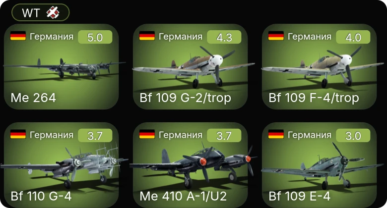 WT — Bf 109 G-2/trop | Me 264 | Me 410 A-1/U2 | Bf 110 G-4 | Bf 109 F-4/trop
