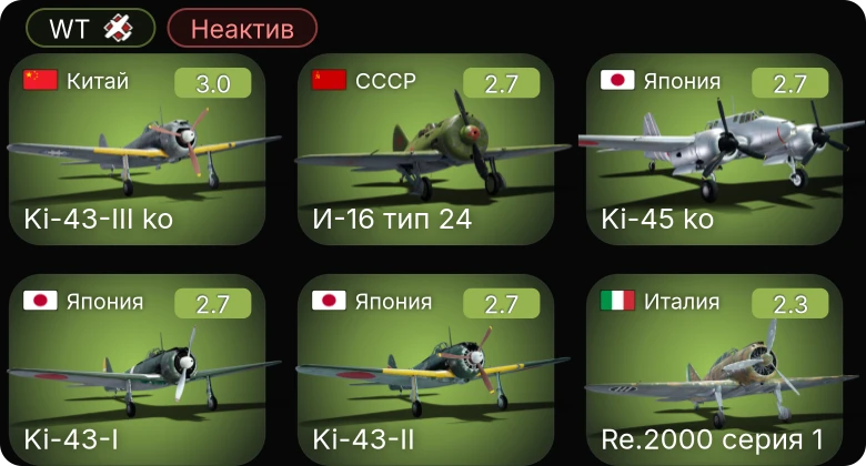 WT — Неактив | P-26A-33 | P-36A | P-26B-35 | F2A-1 Тача | F3F-2 Гэлера