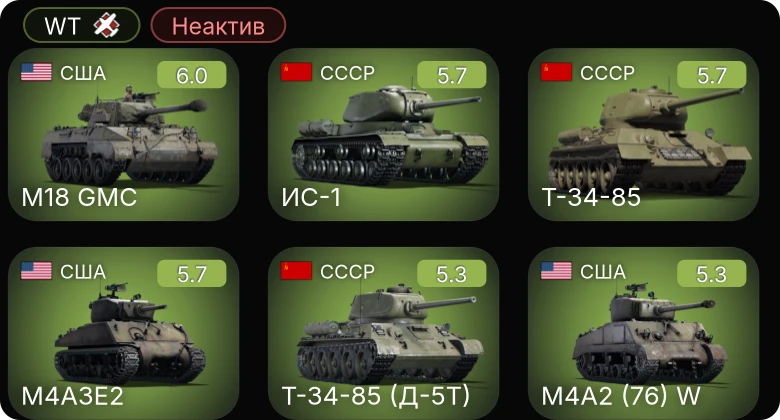 WT — Неактив | Skink | M18 GMC | M4A2 (76) W | M4A3E2 | P-47D-28