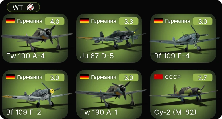 WT — Fw 190 A-4 | P-36G | F2A-3 | Bf 109 E-4 | Fw 190 A-1