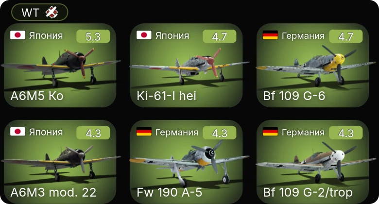 WT — Fw 190 A-5 | Bf 109 G-2/trop | Bf 109 G-6 | Ki-61-I hei | A6M5 Ко