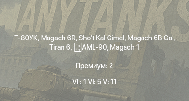 WT — 7 ранг: 1шт 6 ранг: 5шт 5 ранг: 11шт Т-80УК | Magach 6B Gal | Shot Kal Gimel | Tiran 6 | Magach 6R | M551 | M60 | Magach 3 | Tiran 4 | Shot Kal Alef