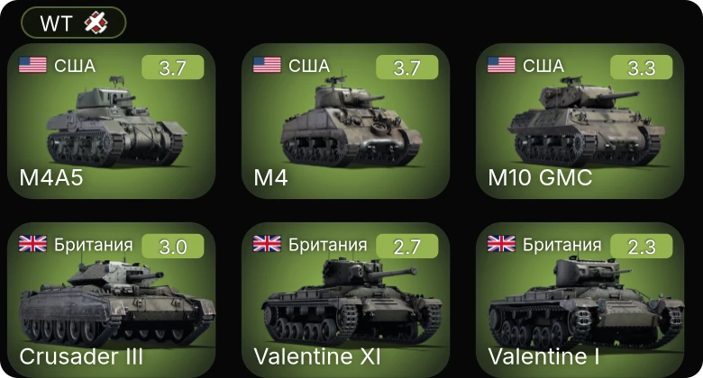 WT — M10 GMC | M4 | M4A5 | Valentine XI | Valentine I