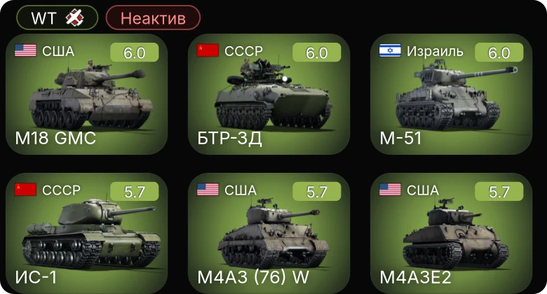 WT — Неактив | БТР-ЗД | ZSD63/PG87 | M-51 | M4A3 (76) W | M19A1