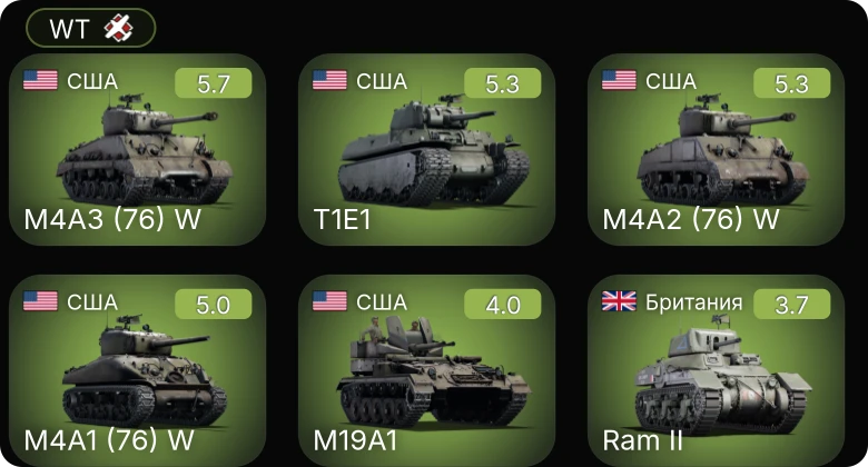 WT — M4A2 (76) W | M4A1 (76) W | M4A3 (76) W | T1E1 | M19A1