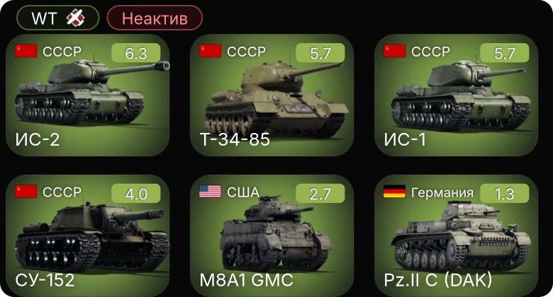 WT — Неактив | ИС-2 | ИС-1 | Т-34-85 | СУ-152 | M8A1 GMC