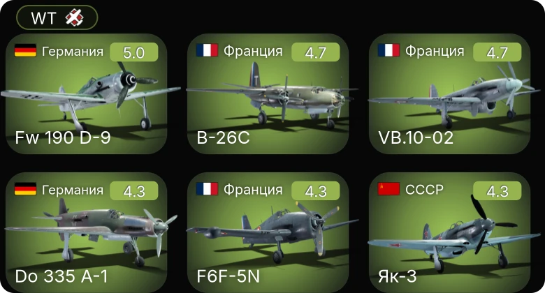 WT — F6F-5N | Do 335 A-1 | Bf 109 F-4 | Fw 190 D-9 | Bf 109 F-4/trop