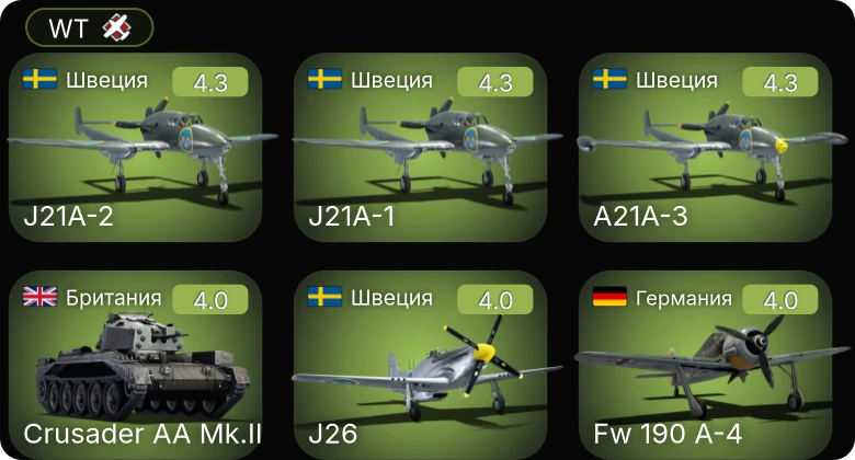 WT — J21A-1 | J21A-2 | A21A-3 | Fw 190 A-4 | Crusader AA Mk.II