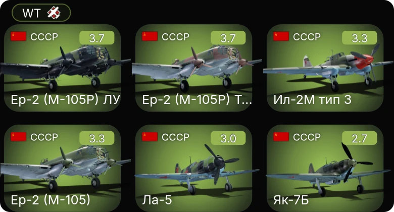 WT — Ер-2 (М-105) | Ер-2 (М-105Р) ЛУ | Ер-2 (М-105Р) ТАТ | Ил-2М тип 3 | Як-7Б