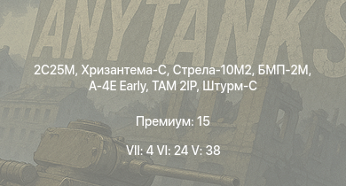 WT — 7 ранг: 4шт 6 ранг: 24шт 5 ранг: 38шт Стрела-10М2 | БМП-2М | 2С25М | Хризантема-С | TAM 2IP | Объект 775 | Т-72А | ЗСУ-23-4М4 | БМП-3 | XM803