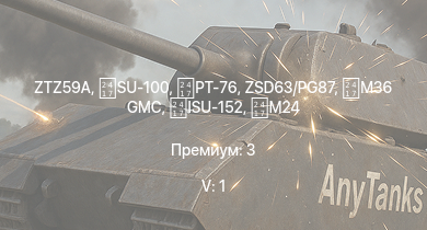 WT — 5 ранг: 1шт ZTZ59A | SU-100 | ZSD63/PG87 | M36 GMC | PT-76 | ISU-152 | Т-34 (1943) | M42 | M4A1 (75) W | HMS Vega