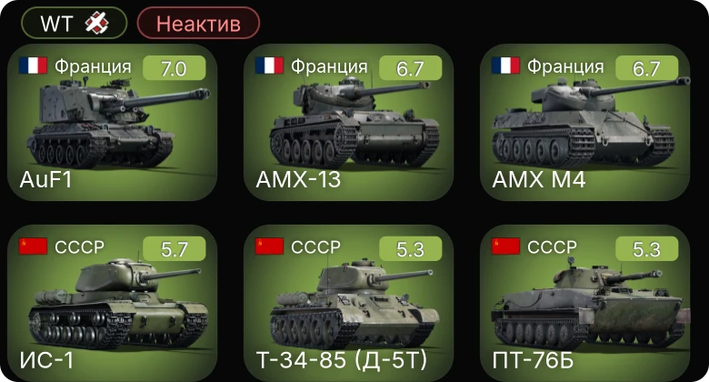 WT — Неактив | AMX-13 | AMX M4 | AuF1 | СУ-152 | ПТ-76Б