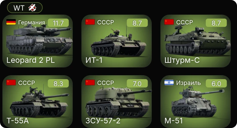 WT — 8 ранг: 1шт 6 ранг: 4шт 5 ранг: 1шт