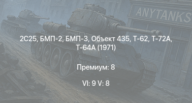 WT — 6 ранг: 9шт 5 ранг: 8шт 2C25 | Т-72А | Т-64А (1971) | БМП-3 | БМП-2 | Т-62 | Объект 435 | Т-55А | Т-10М | БМП-1