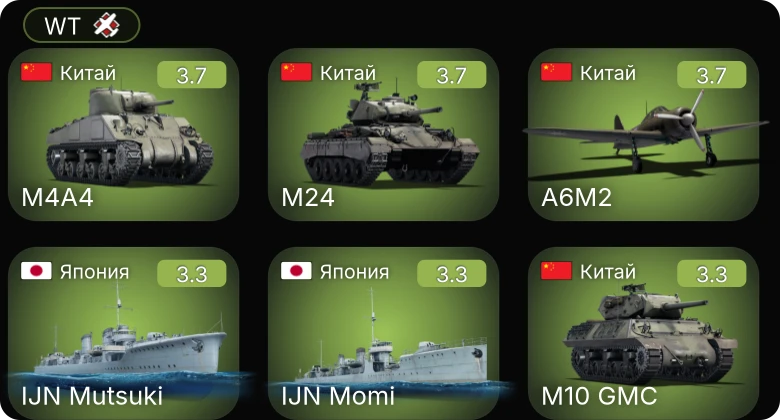 WT — ␗M24 | A6M2 | I-16 type 17 | ␗M4A4 | ␗M10 GMC