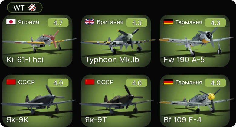 WT — Fw 190 A-5 | Ki-61-I hei | Bf 109 F-4/trop | Bf 109 F-4 | Me 410 A-1/U2