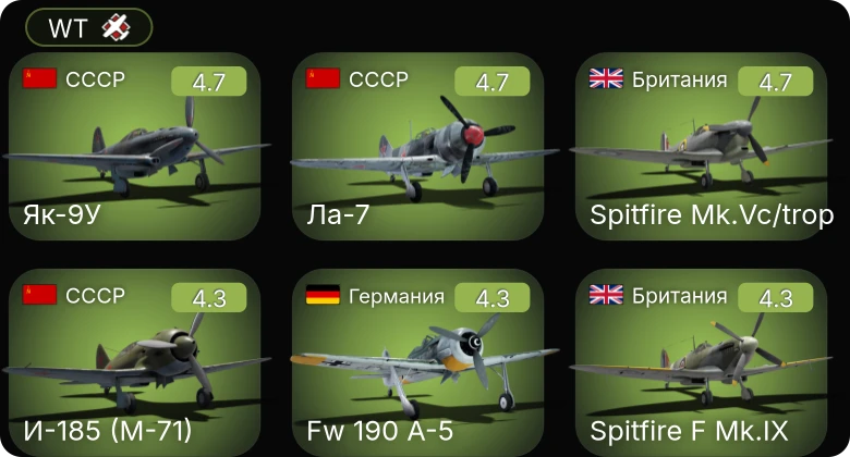 WT — Fw 190 A-5 | Bf 109 G-2/trop | Fw 190 A-4 | Fw 190 A-5/U2 | Bf 109 F-4/trop