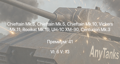 WT — 6 ранг: 6шт 5 ранг: 13шт Chieftain Mk.10 | Chieftain Mk.3 | Chieftain Mk.5 | Vickers Mk.11 | Rooikat Mk.1D | UH-1C XM-30 | Scout AH.Mk.1 | Falcon | Warrior | Centurion Mk.10