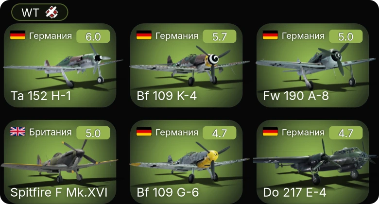 WT — Fw 190 A-5/U12 | Bf 109 K-4 | Bf 109 G-6 | Ta 152 H-1 | Fw 190 A-8