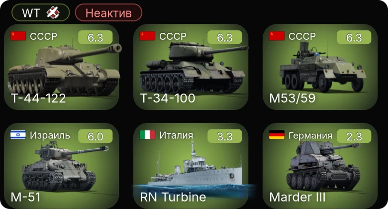 WT — Неактив | Т-44-122 | Т-34-100 | M53/59 | M-51 | PT-314