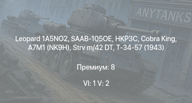 WT — 6 ранг: 1шт 5 ранг: 2шт Leopard 1A5NO2 | SAAB-105OE | HKP3C | Cobra King | A7M1 (NK9H) | Strv m/42 DT | Т-34-57 (1943) | Chi-Nu II |  | HMS Vega